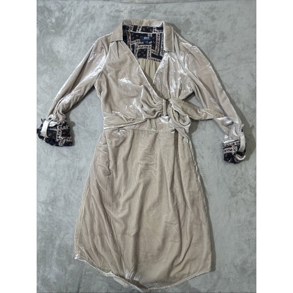 Maeve Anthropologie Velvet Wrap Dress Size 4 Champagne Long Sleeve Tie Waist